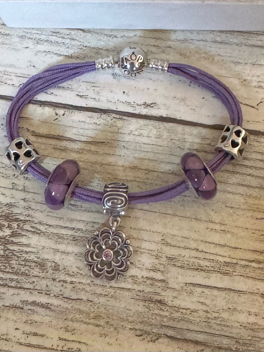 Pandora Purple Bracelet 6.5” w/ Murano Glass & Flower Charm